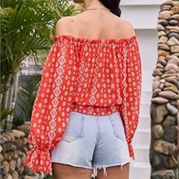 Off The Shoulder Long Sleeve Casual Summer Printed Tunic Shirt Blouse Top Red XL - Picture 3 of 11